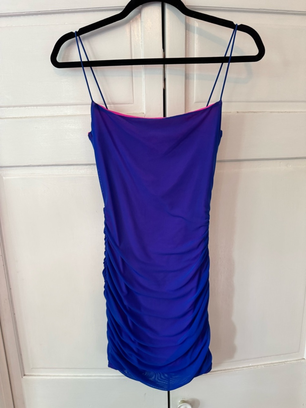 Superdown Blue /Pink Ruched Spaghetti-Strap Mini Dress/ inside reflective Pink